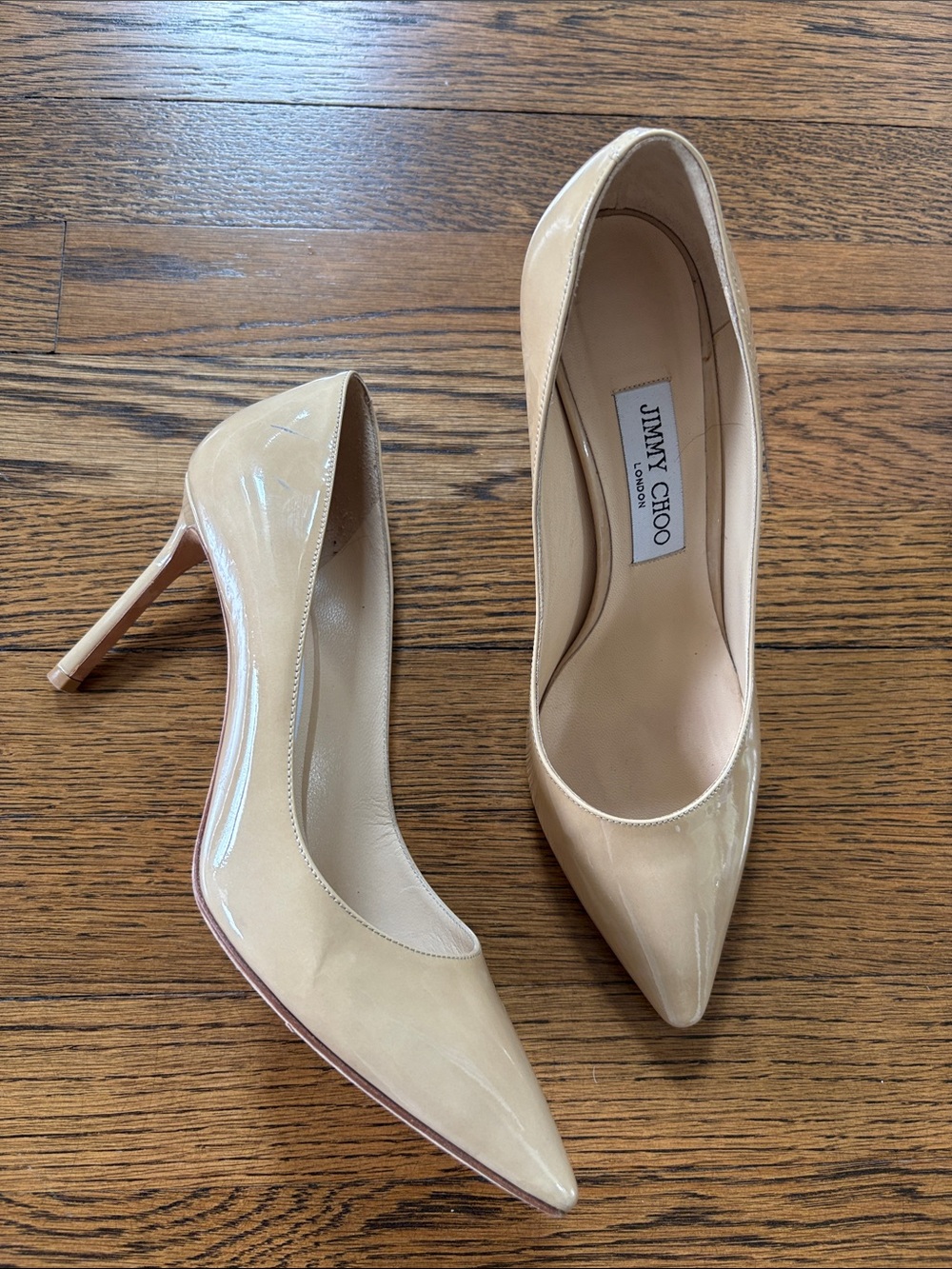 Jimmy Choo Beige Patent Leather Pointed-Toe Stiletto Pumps, 3.5” heel, 38.5